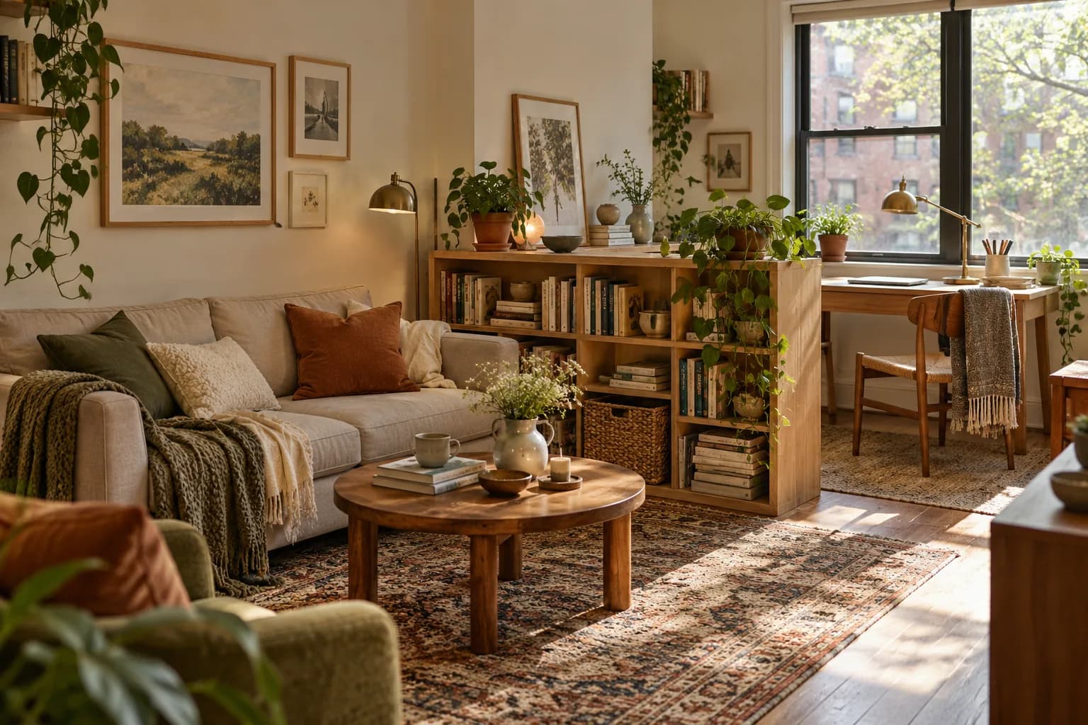 Small living room with a seating area and a desk nook divided by a low bookshelf