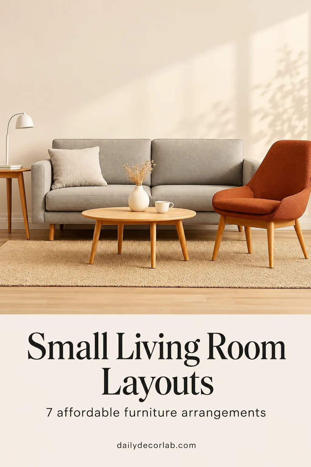 Pinterest pin for small living room layouts with affordable furniture