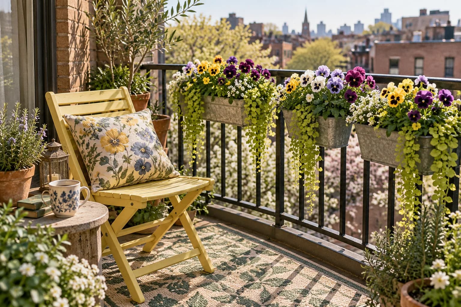 Apartment balcony with a pastel yellow folding chair, floral pillow, and rail planters of pansies and creeping jenny