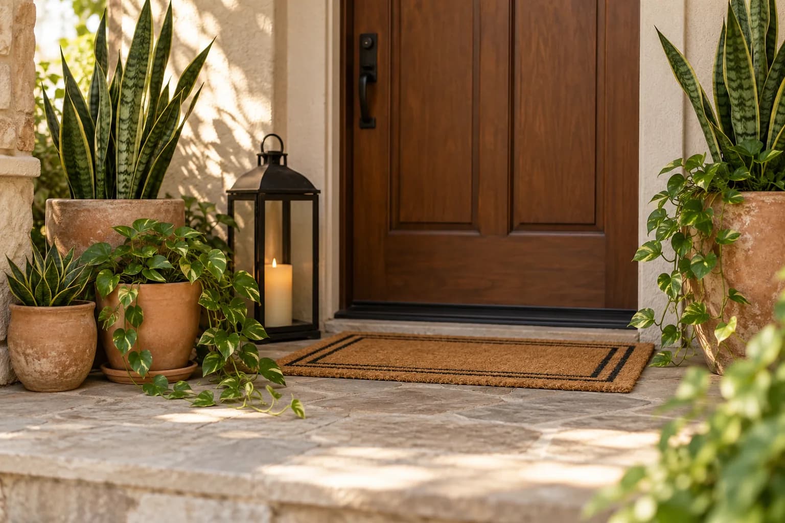 Front stoop with a coir doormat, black lantern with candle, terracotta pots of snake plants and pothos