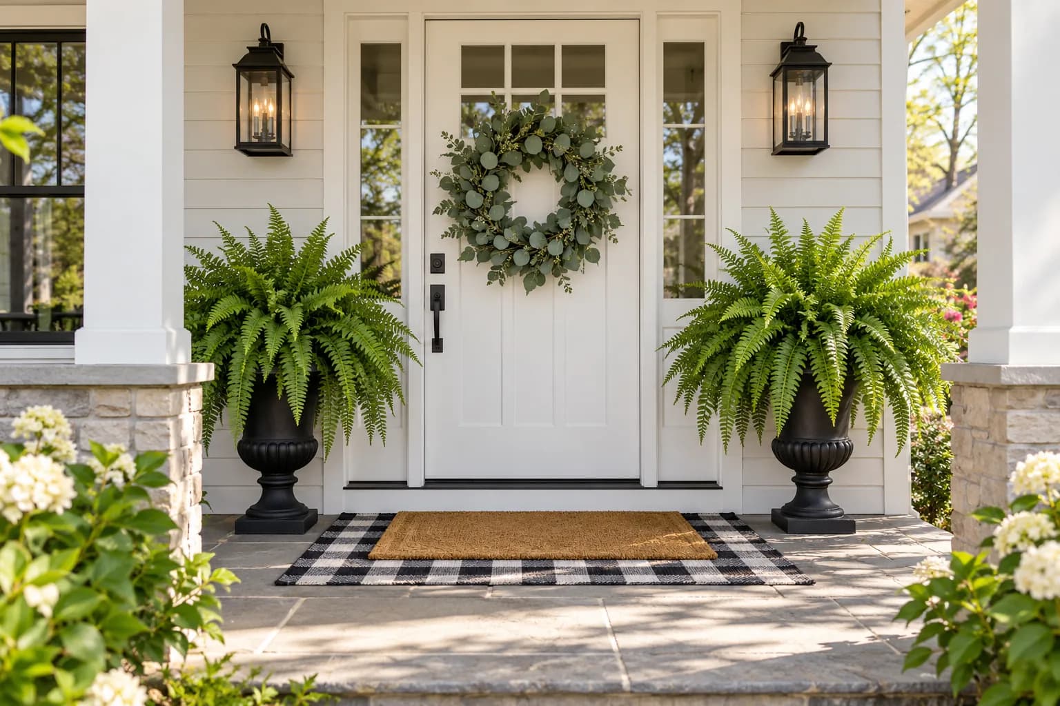 White front door with a eucalyptus wreath, layered buffalo check rug and coir mat, and black urns of Boston ferns