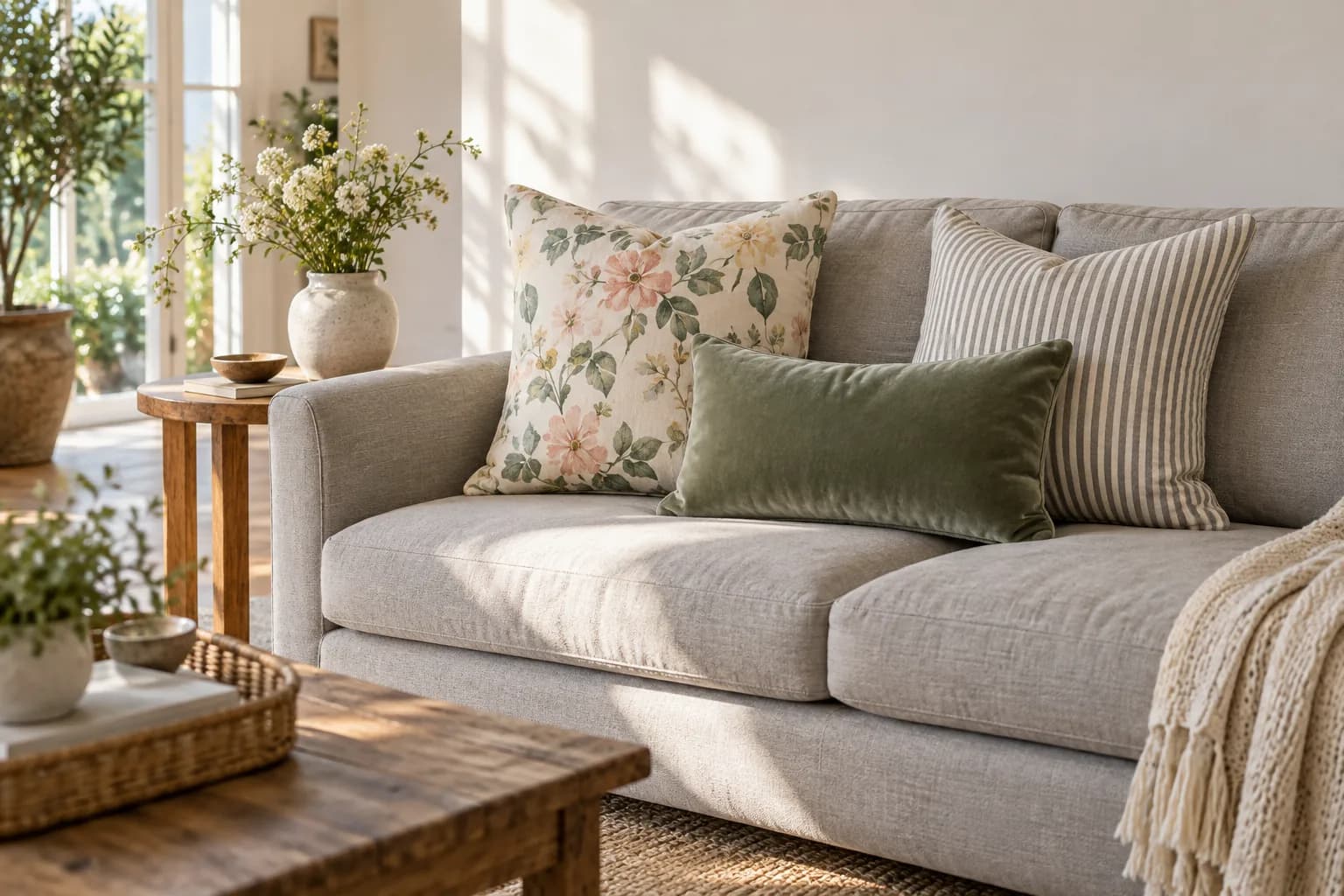 Grey sofa styled with a watercolor floral pillow, grey ticking stripe pillow and sage velvet lumbar in a sunlit living room