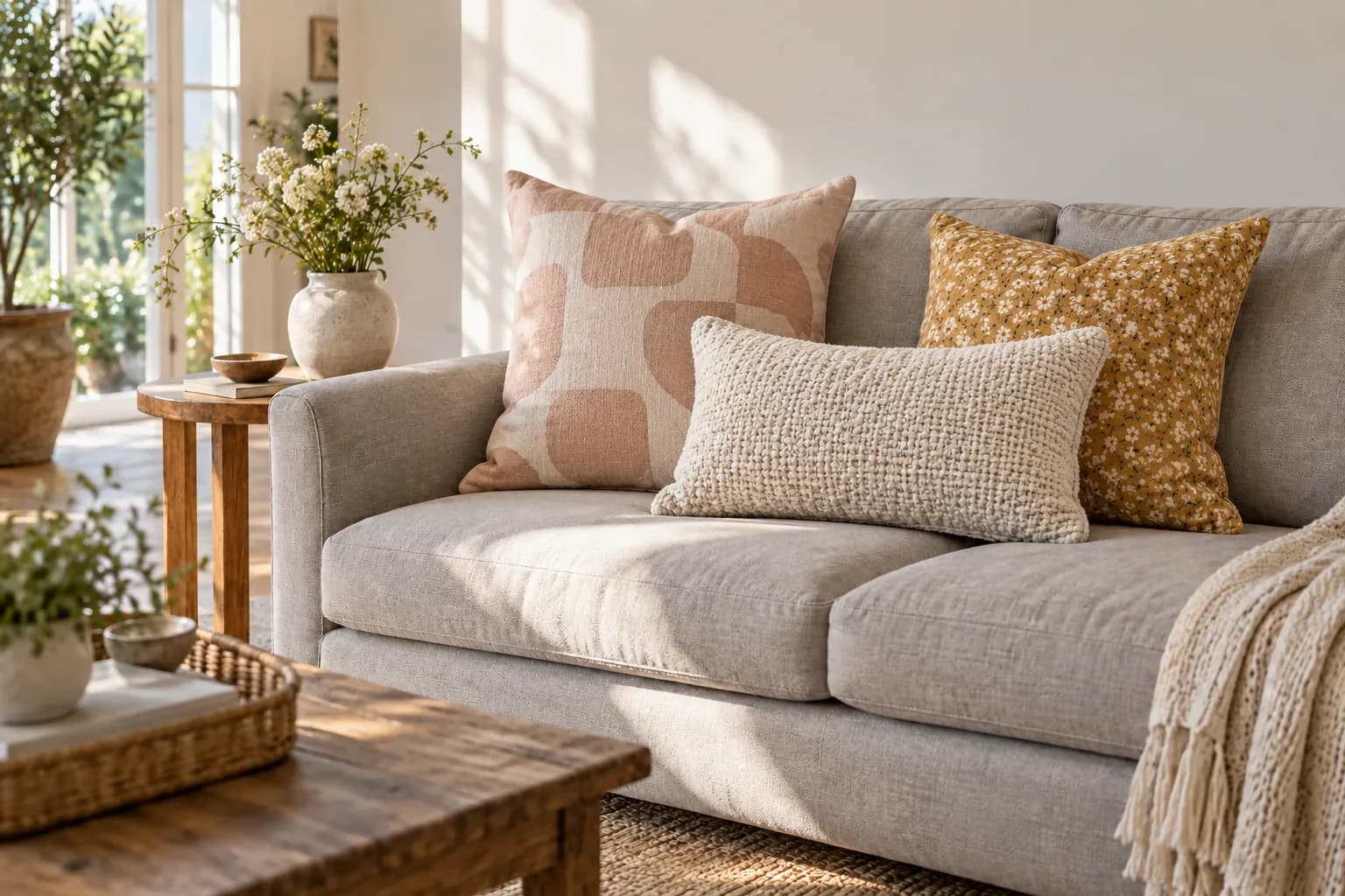 Grey sofa with blush geometric, mustard ditsy floral and ivory woven lumbar pillows