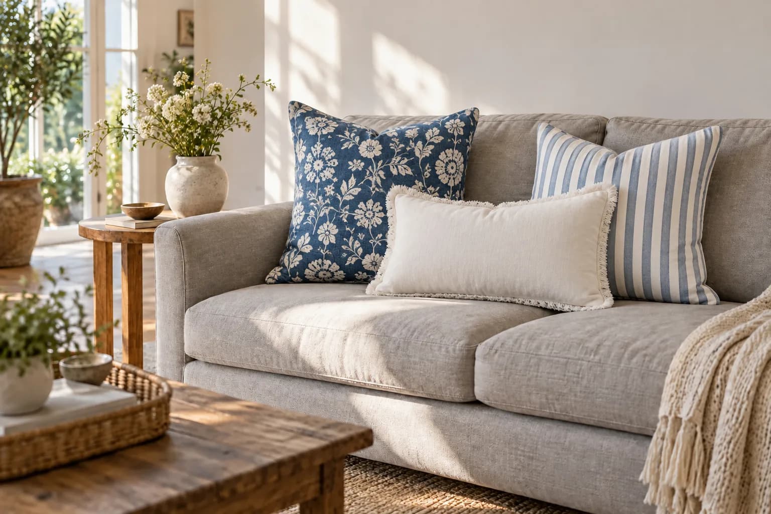 Grey sofa with indigo botanical, blue cabana stripe and white fringed lumbar pillows