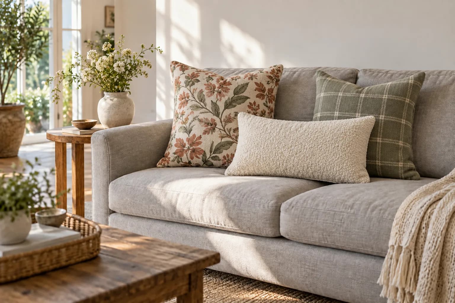 Grey sofa with terracotta olive-branch, sage windowpane and cream bouclé lumbar pillows