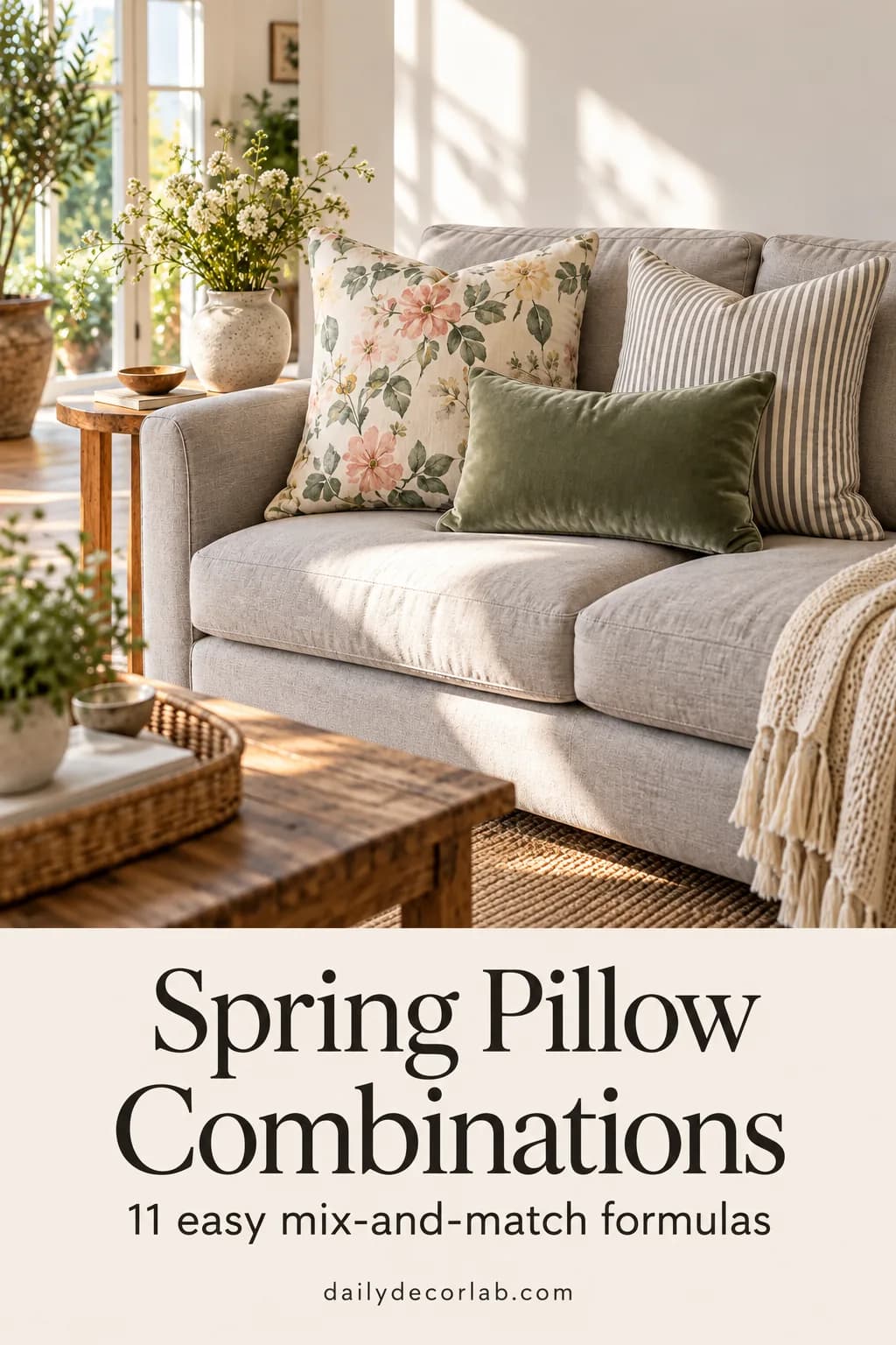 Grey sofa with floral, striped and sage velvet spring pillows