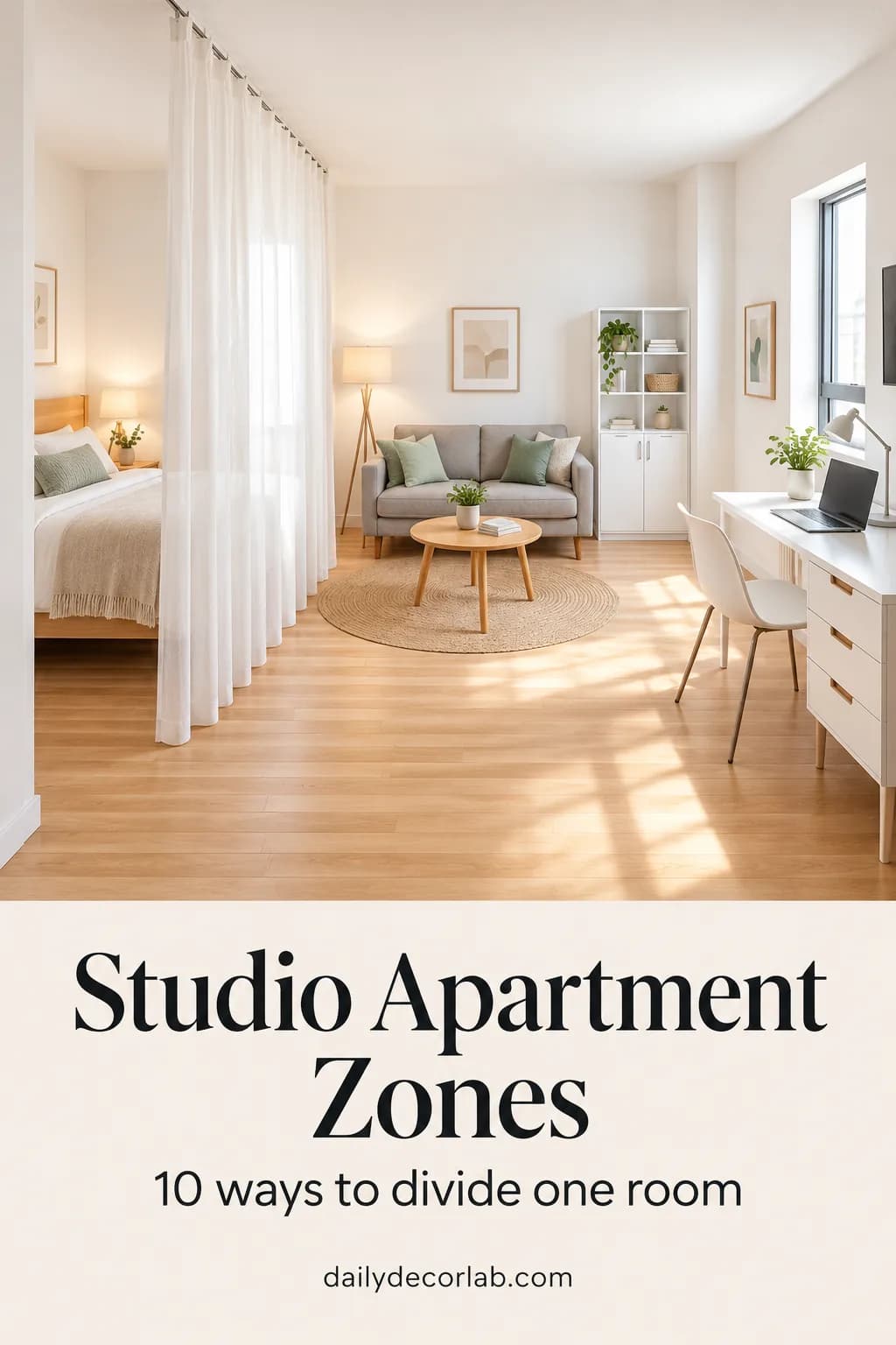 Pinterest pin for studio apartment zoning ideas