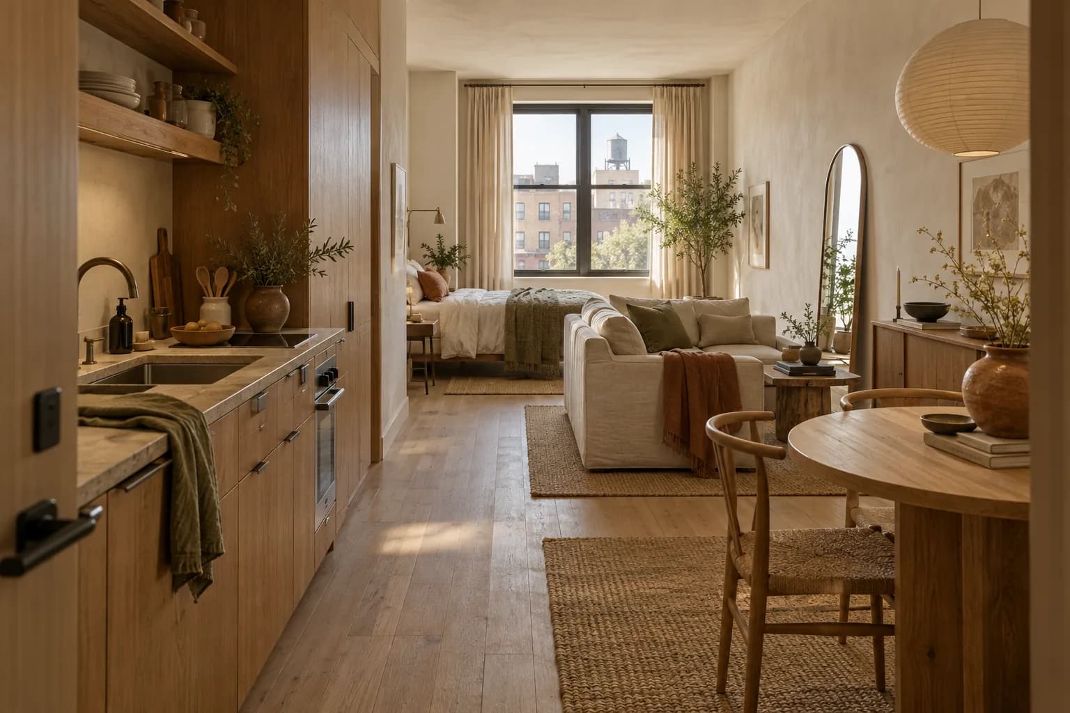 Long studio apartment with the sofa back facing a bed at the far end by the window