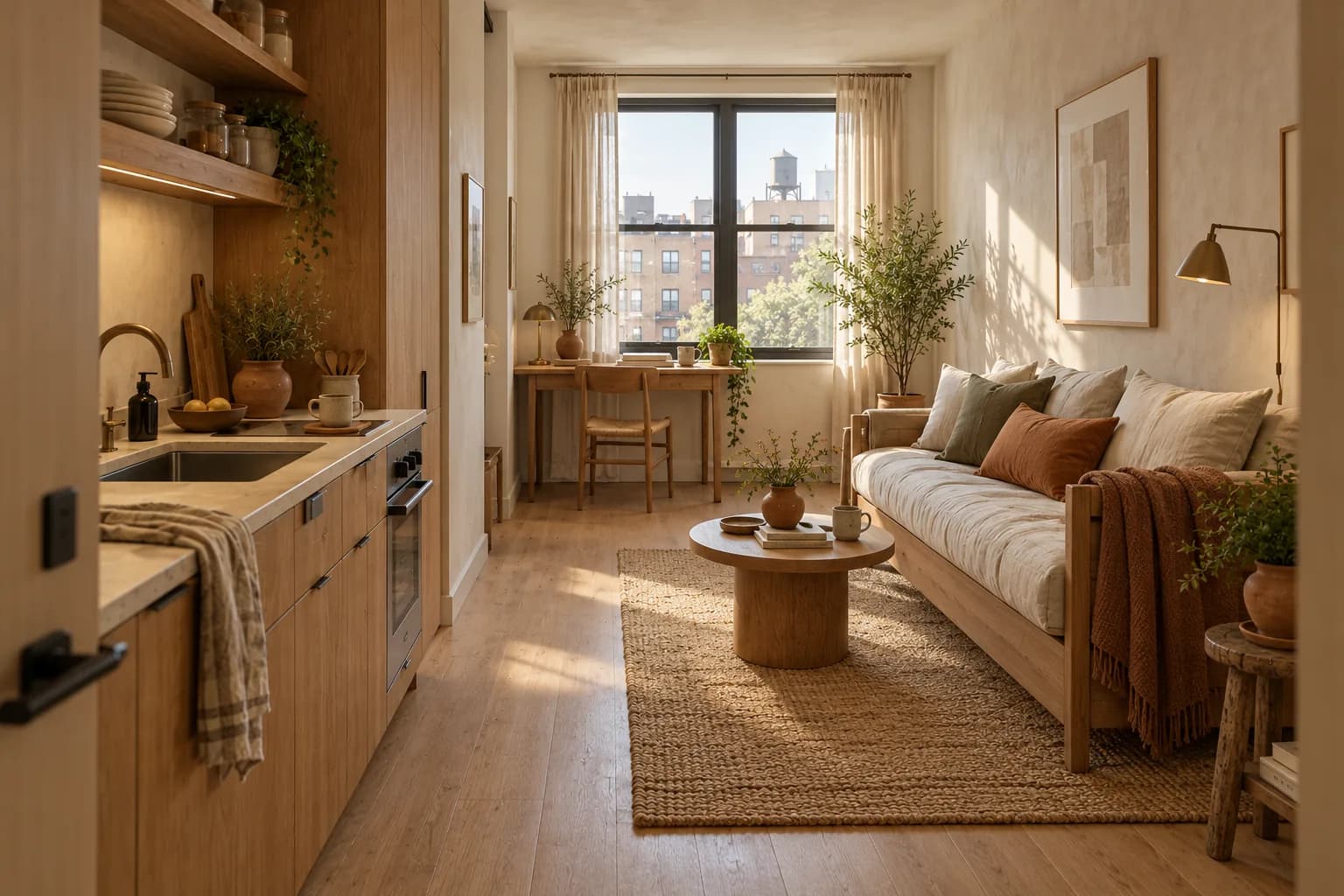 Very small studio with an oak daybed as the sofa and a narrow desk by the window