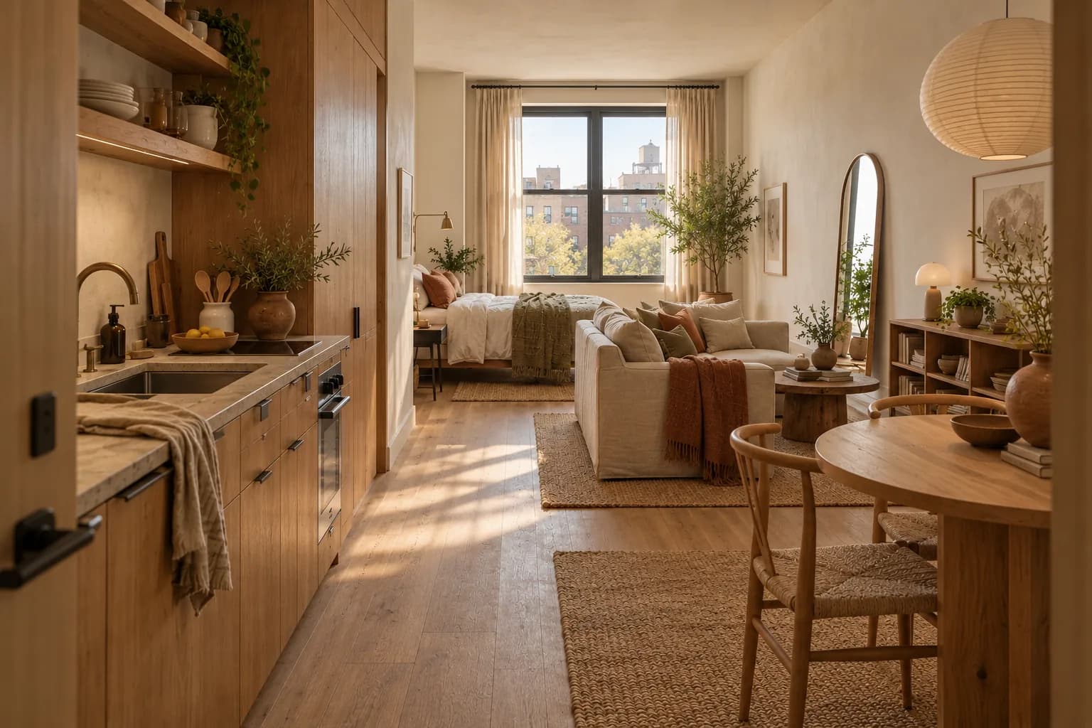 Square studio with the bed in the far corner and a low open shelf at its foot