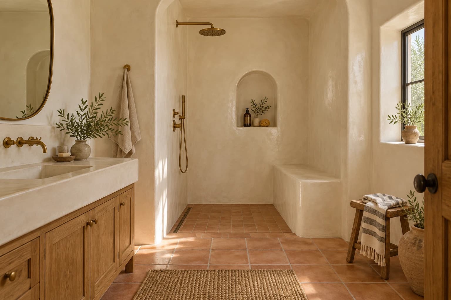 Bathroom with seamless warm white tadelakt walls, a walk-in shower with a plaster bench and an arched niche, and brass fixtures