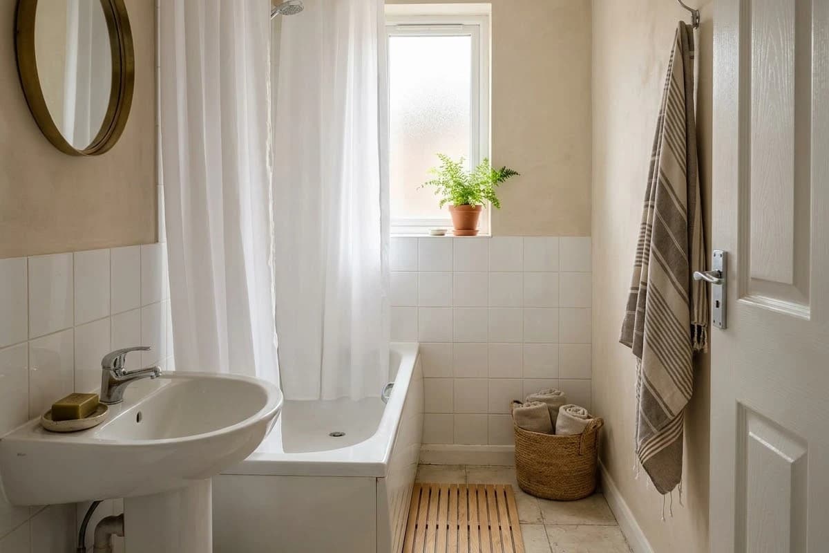Rental bathroom with sand limewash-effect paint above white tile, a brass mirror, a striped hammam towel and a terracotta pot