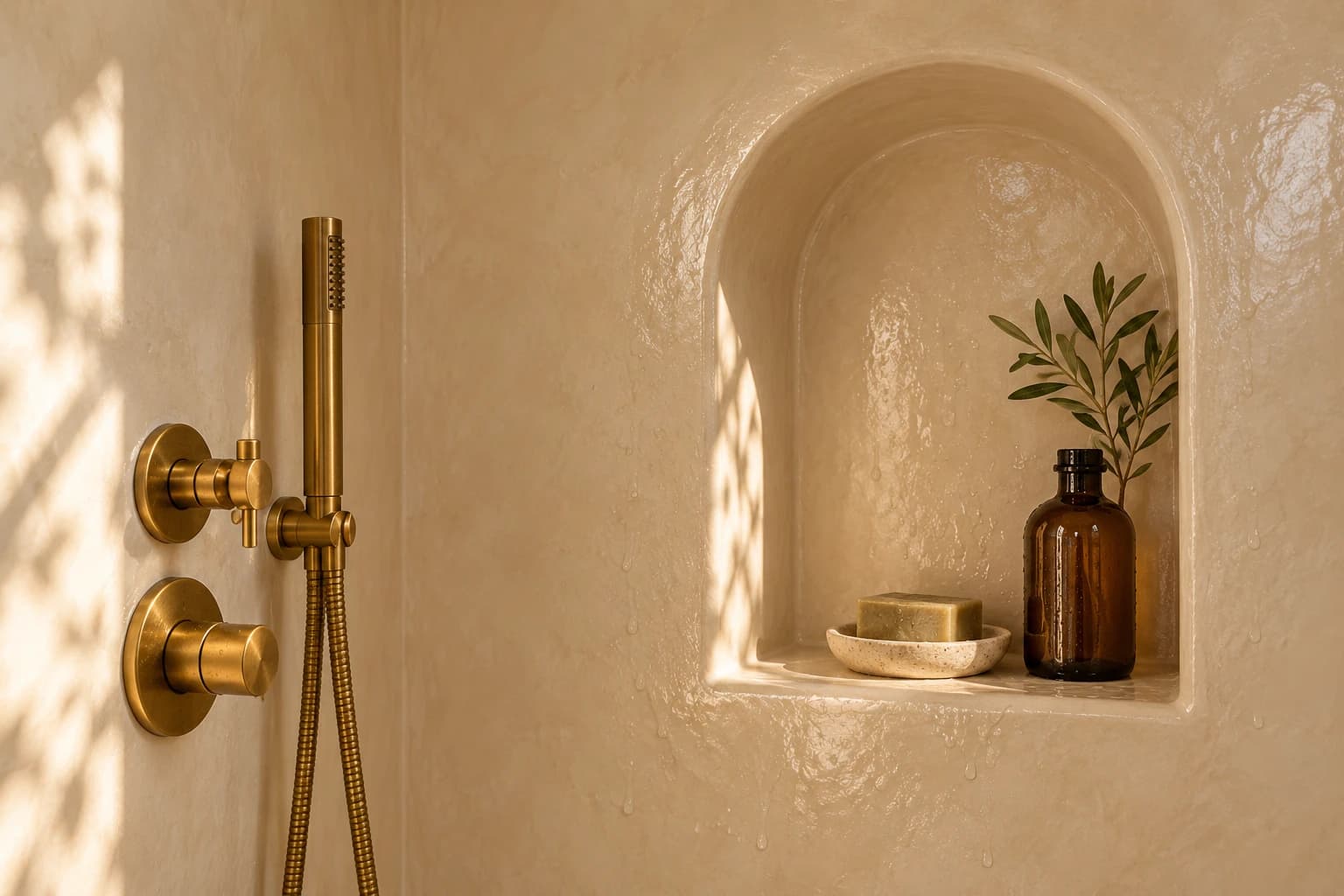 Arched shower niche in sand-colored tadelakt plaster holding a bar of olive oil soap and a glass bottle
