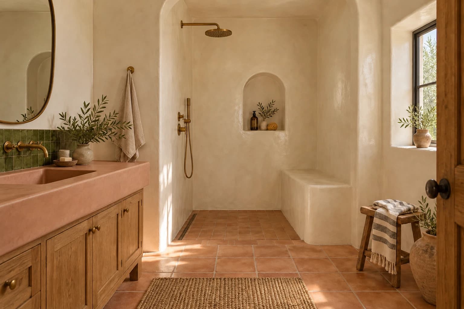 Bathroom vanity with a moulded blush tadelakt basin, a wall-mounted brass tap and a band of green zellige tile