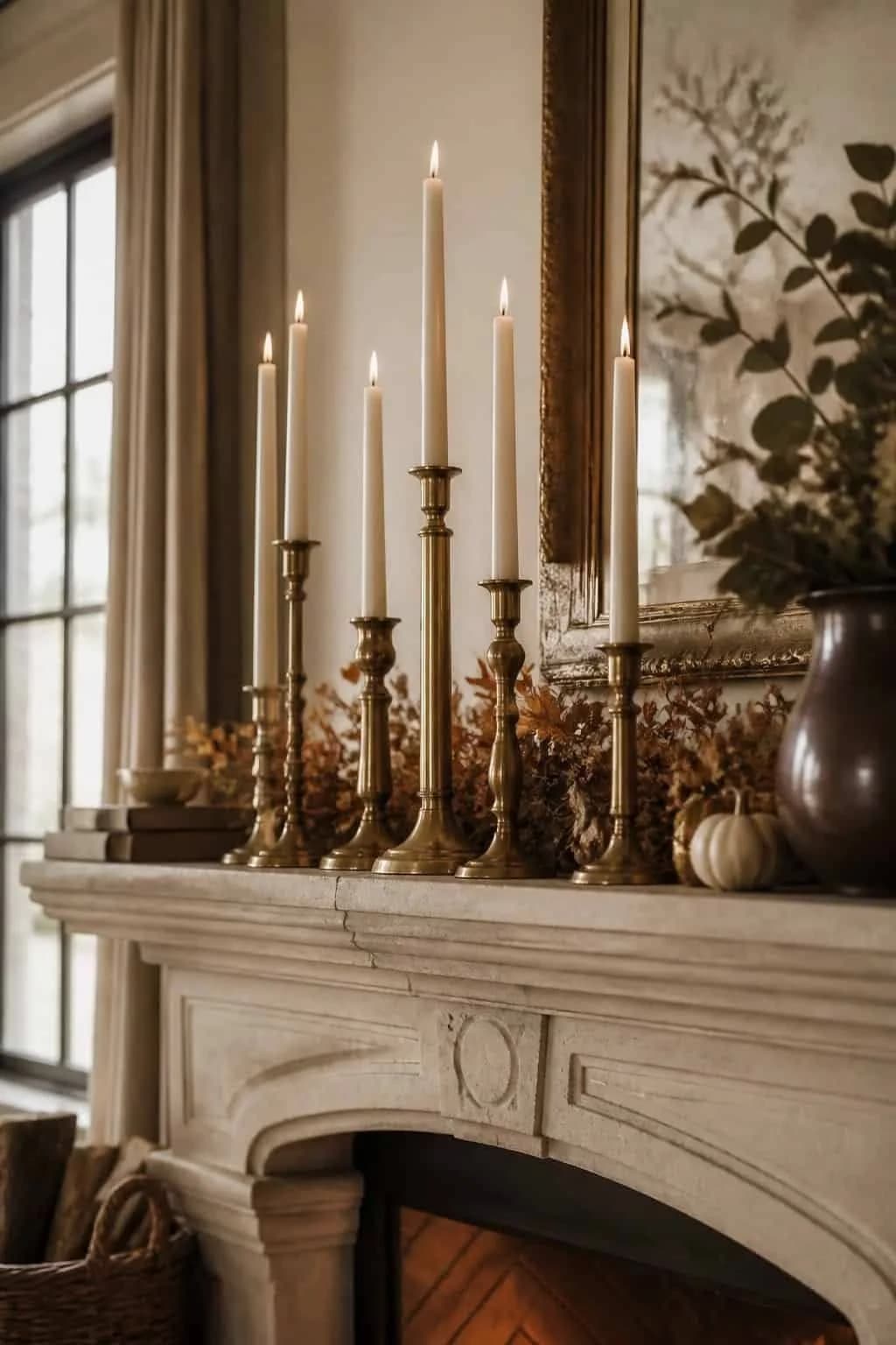 Carved stone mantel with a group of brass candlesticks and cream taper candles, dried leaves, a small white pumpkin and a dark vase of branches
