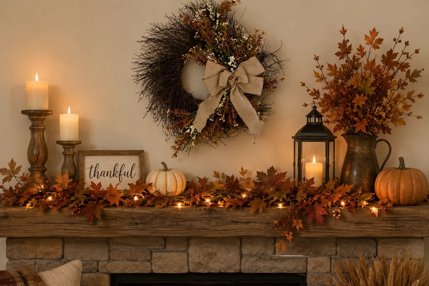 Rustic wood mantel with a leaf garland, a twig wreath with a burlap bow, candles, a lantern, pumpkins and a jug of fall branches above a stone fireplace