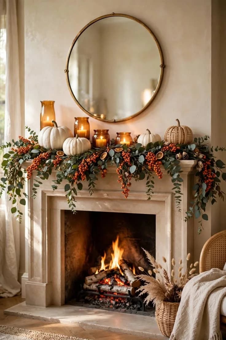 Stone fireplace with a eucalyptus and orange berry garland, white pumpkins, amber glass candle holders and a round brass mirror above