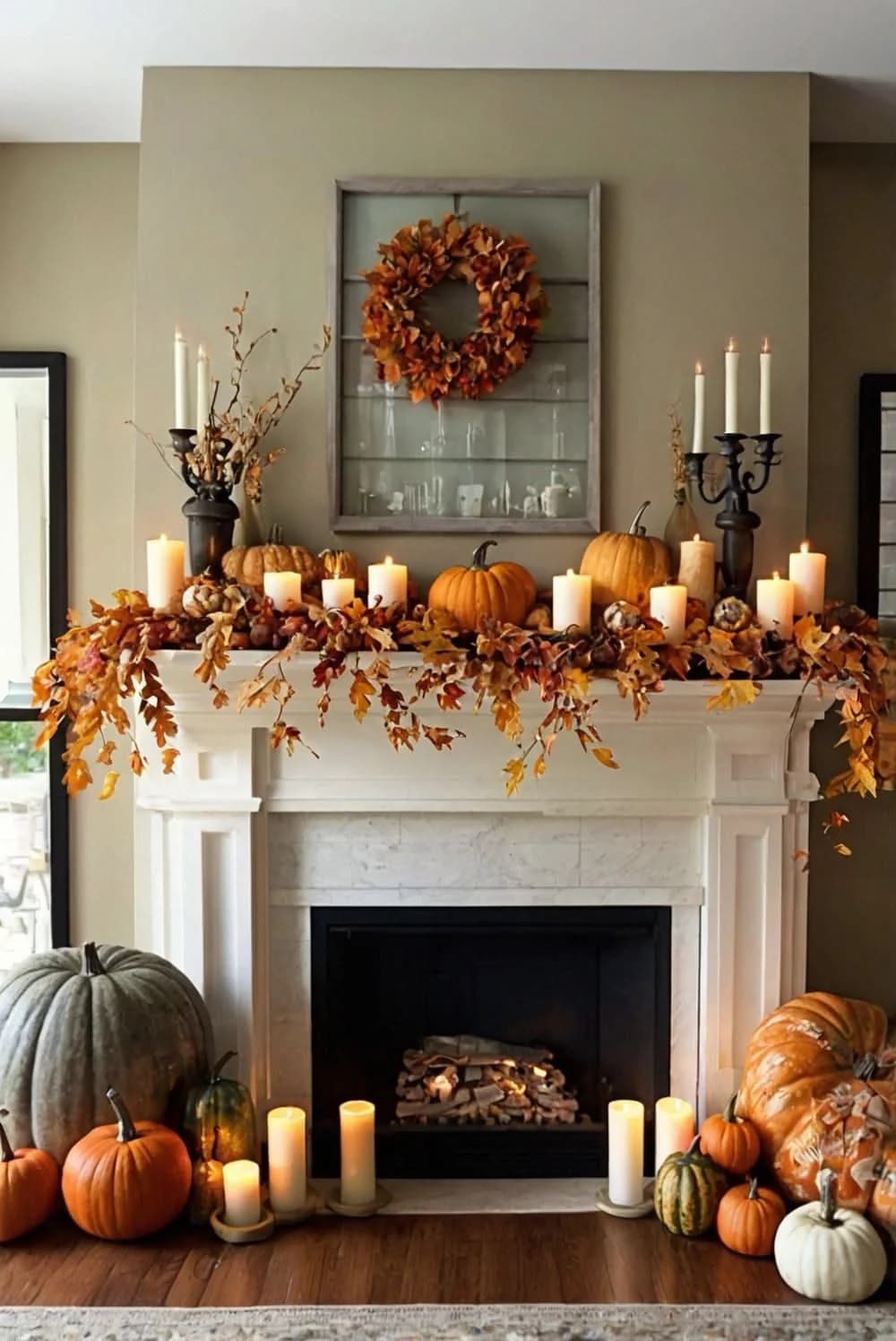 White fireplace with a leaf garland and candles on the mantel, a leaf wreath on a framed panel above, and large gray-green, orange and white pumpkins with candles on the hearth