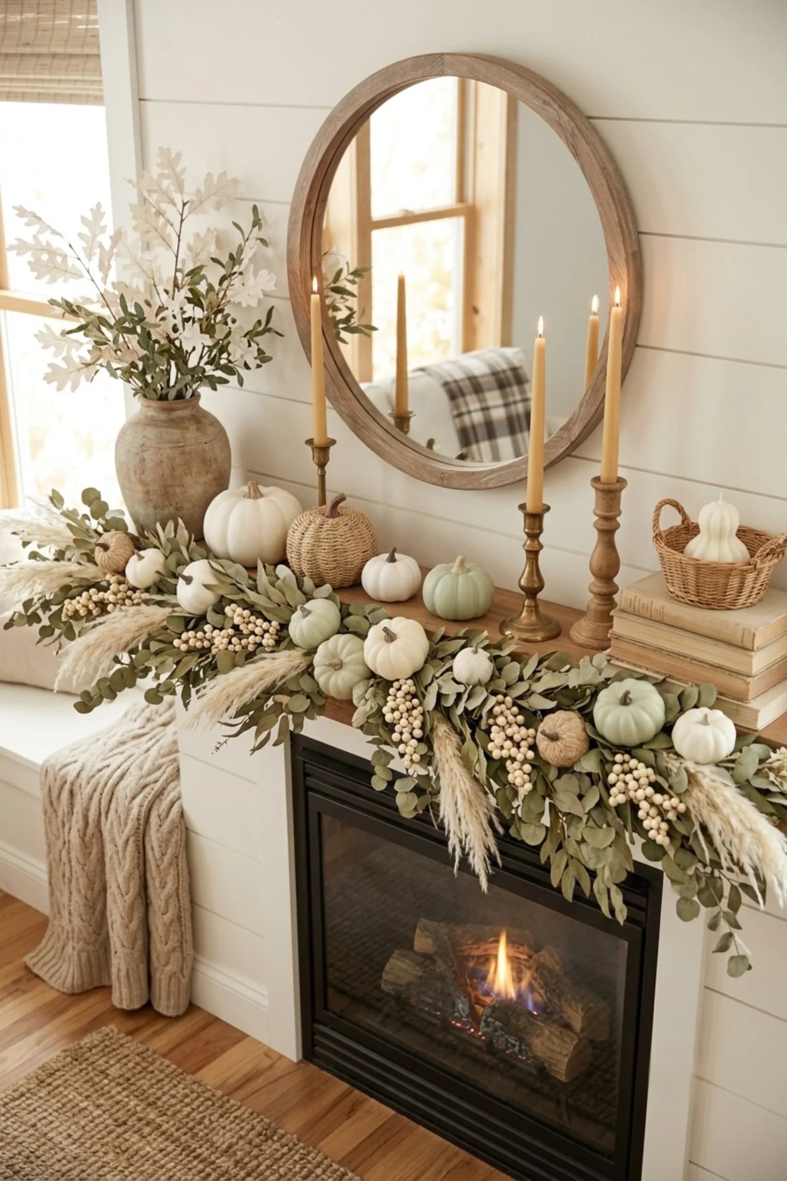 White shiplap fireplace with a garland of sage leaves, white berries and pampas grass, white and pale green pumpkins, taper candles and a round wood mirror