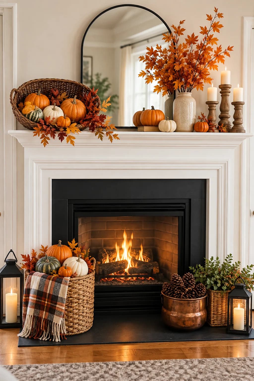 White mantel with a basket of small pumpkins on its side, a vase of orange maple branches, wooden candlesticks and baskets and lanterns on the hearth