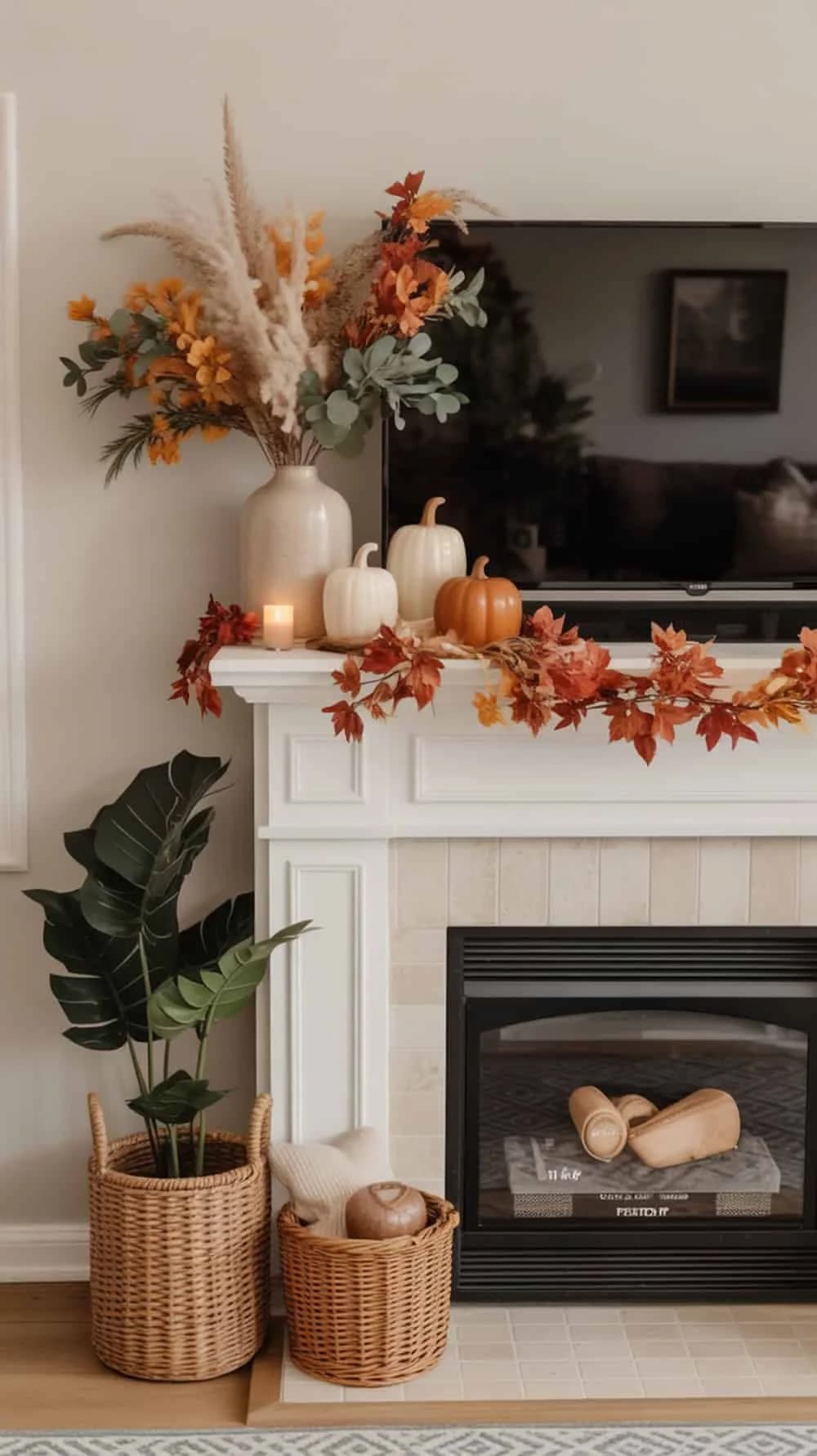 White mantel with a tall vase of pampas grass and dried flowers at one end beside a wall-mounted TV, pumpkins, a leaf garland and baskets on the floor