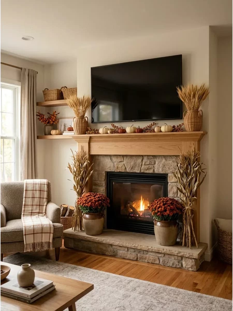 Stone fireplace with a TV above a wood mantel, corn stalks and potted chrysanthemums on the hearth and baskets of dried wheat at the mantel ends