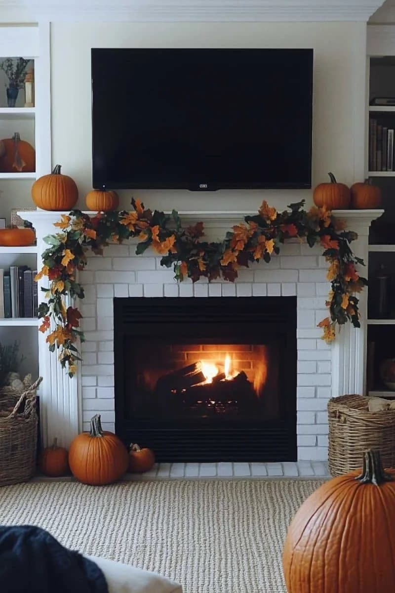 White brick fireplace with a TV above and a fall leaf garland hanging in swags from the mantel edge, with a pumpkin at each end