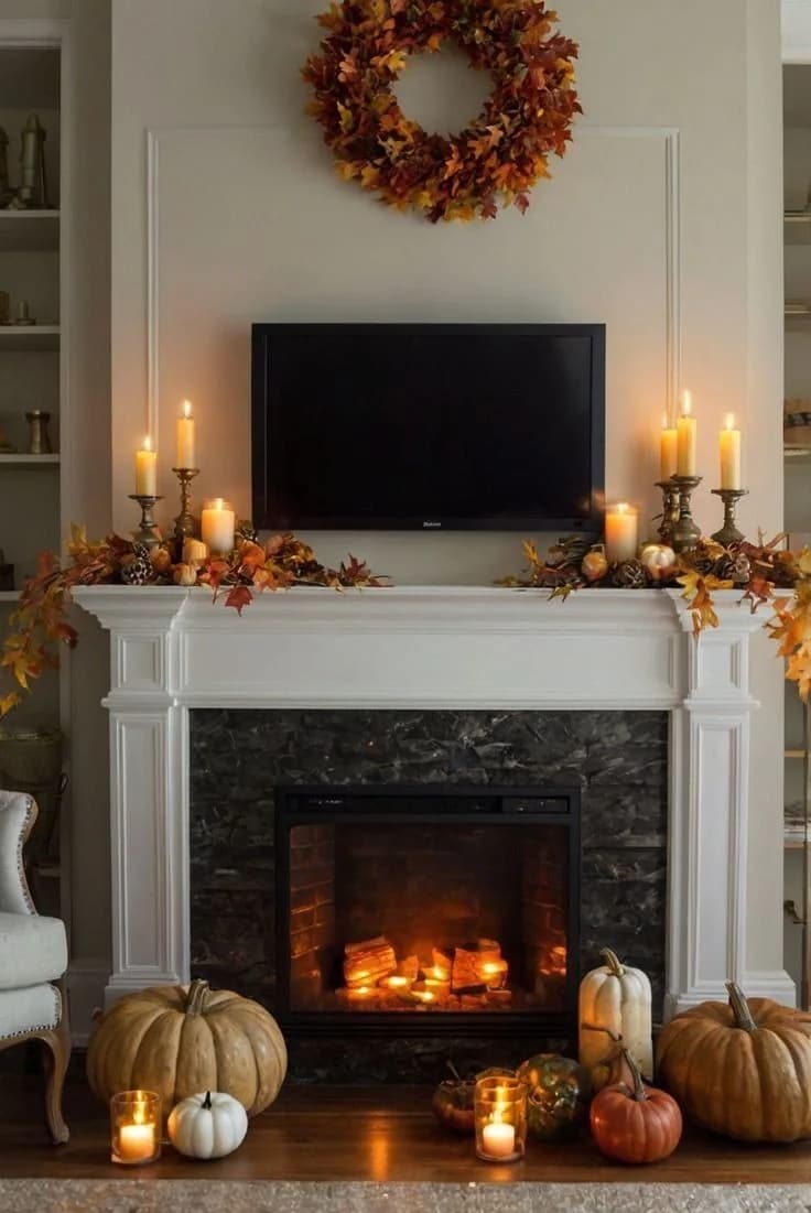 White fireplace with a wall-mounted TV, a fall leaf wreath above it, candlesticks and leaf garland at both ends of the mantel and pumpkins on the hearth