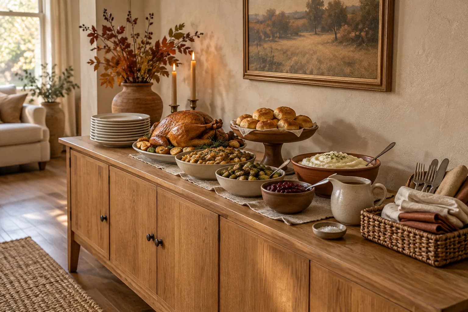 Thanksgiving buffet laid out on an oak sideboard with plates, napkins and serving dishes