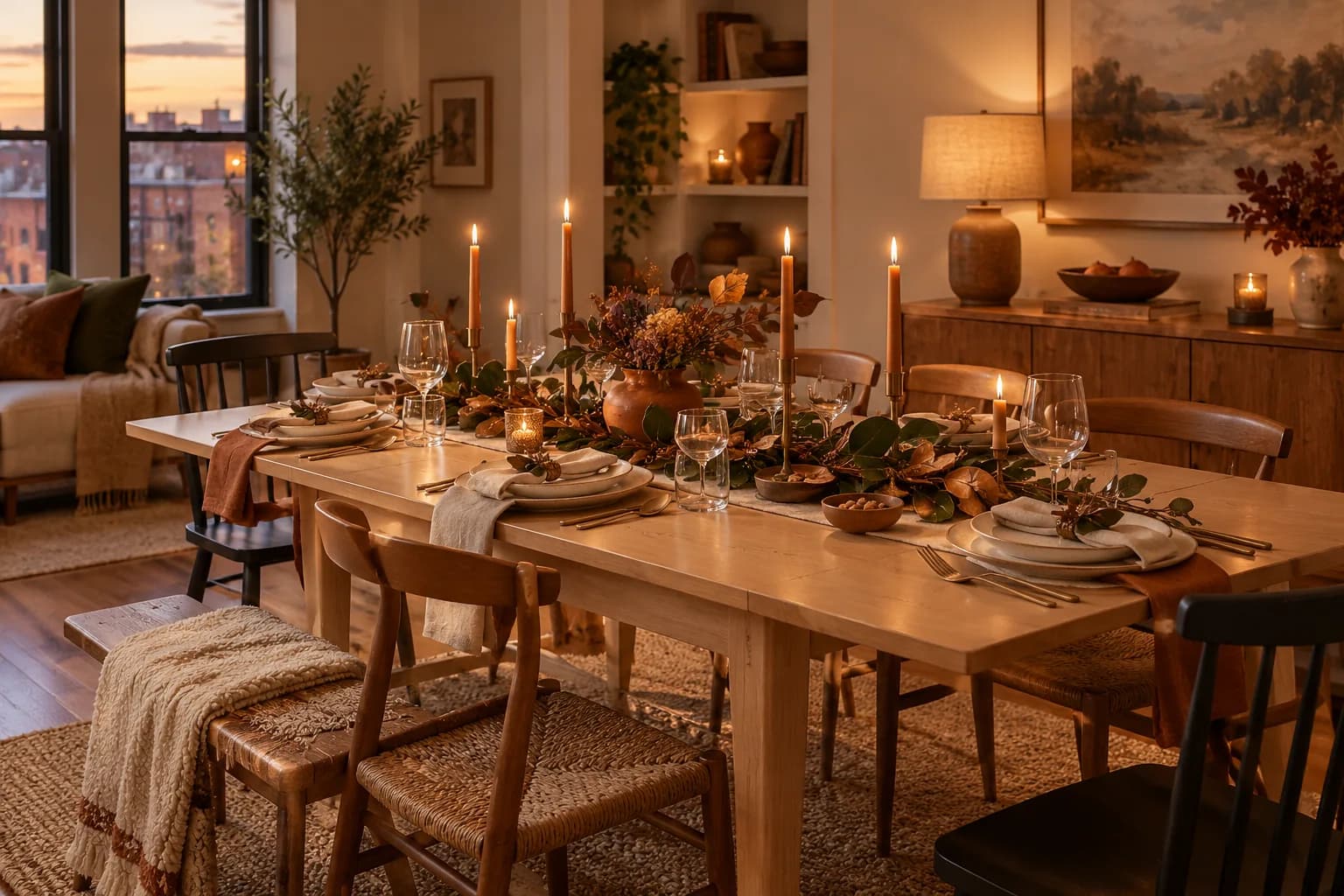 Small apartment dining area with an extended table set for a Thanksgiving dinner