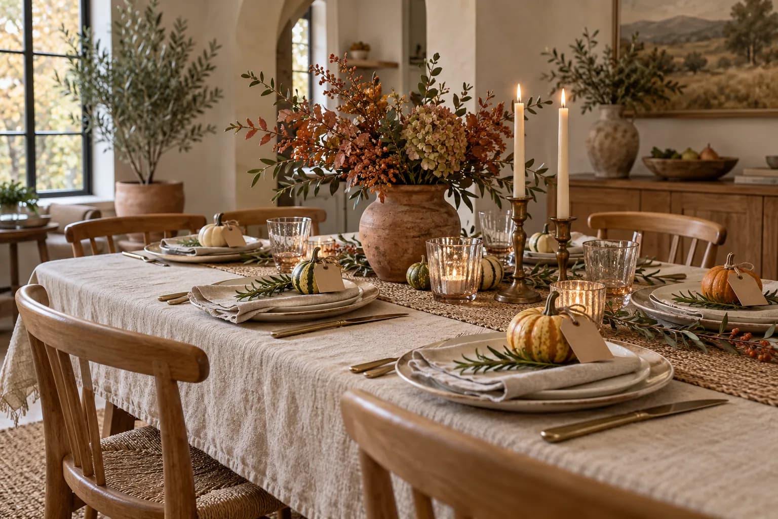 Thanksgiving place settings with small white gourds as place cards and taper candles
