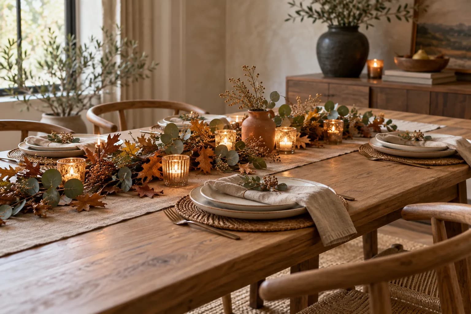Small Thanksgiving table with a low runner of autumn leaves, eucalyptus and votive candles