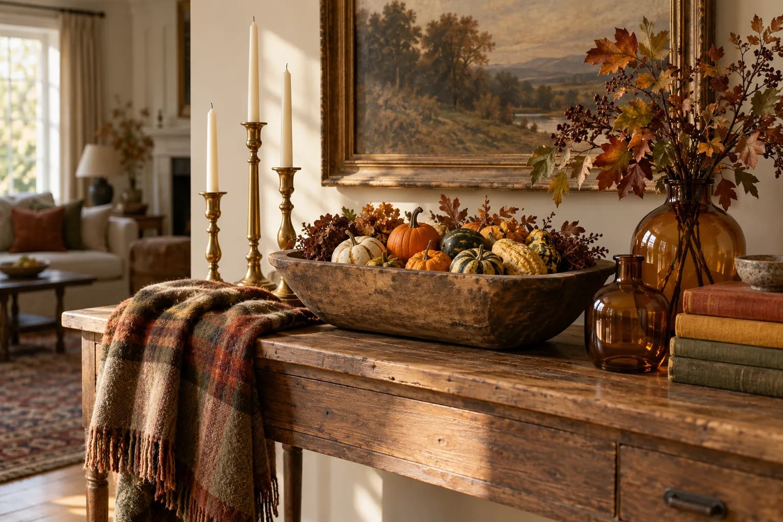 Fall console vignette with brass candlesticks, a wooden dough bowl of gourds, amber glass vases and a wool plaid throw