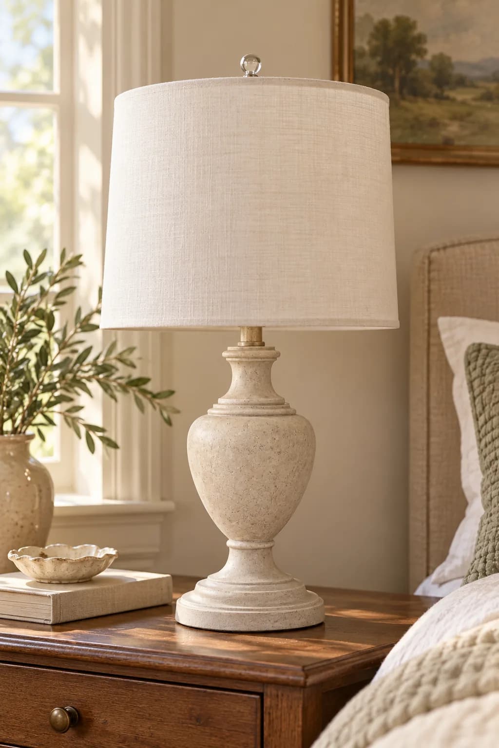 Brass lamp repainted stone with a linen shade after