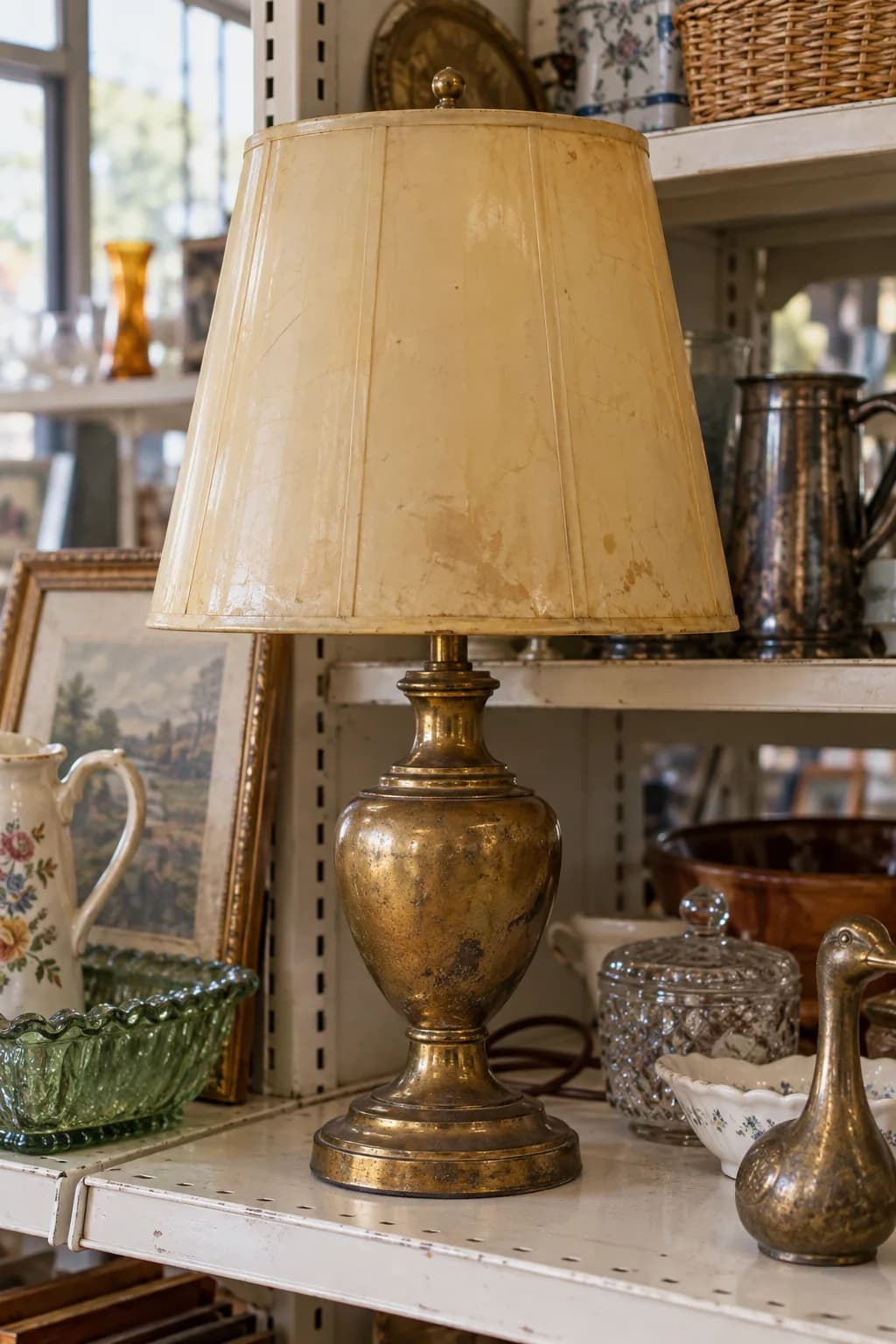 Brass lamp repainted stone with a linen shade before
