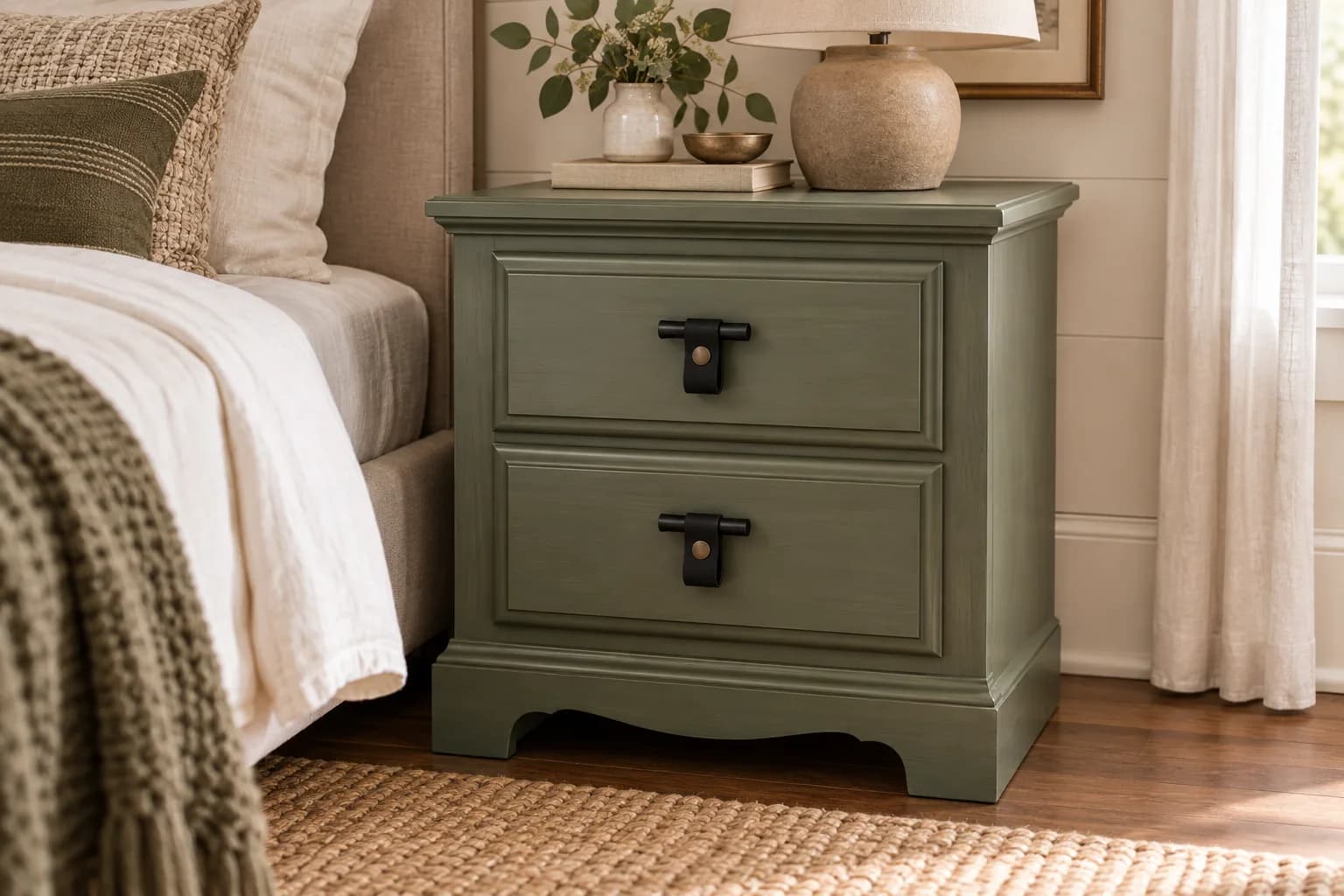 Sage green painted nightstand with matte black pulls beside a made bed