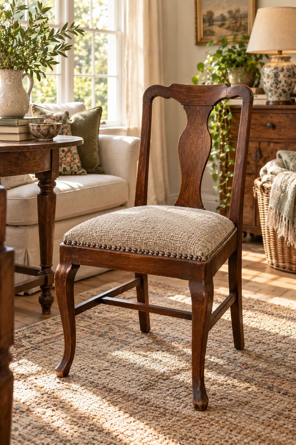 Dining chair reupholstered in tweed after