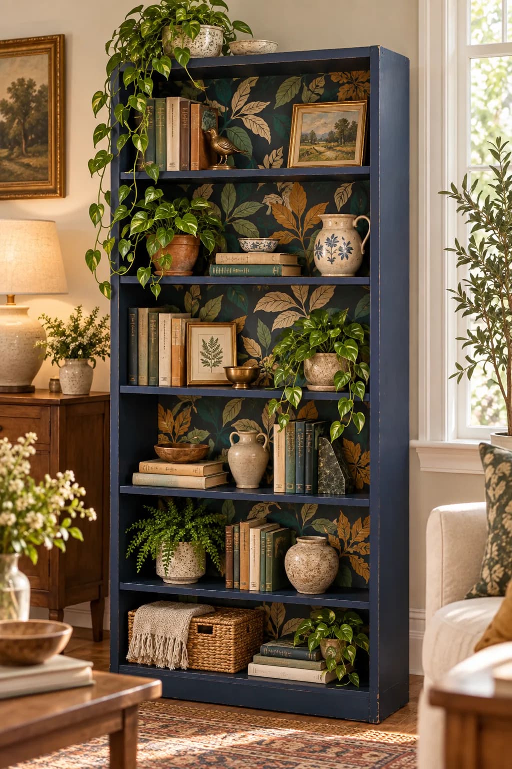 Laminate bookcase painted navy with wallpaper back after
