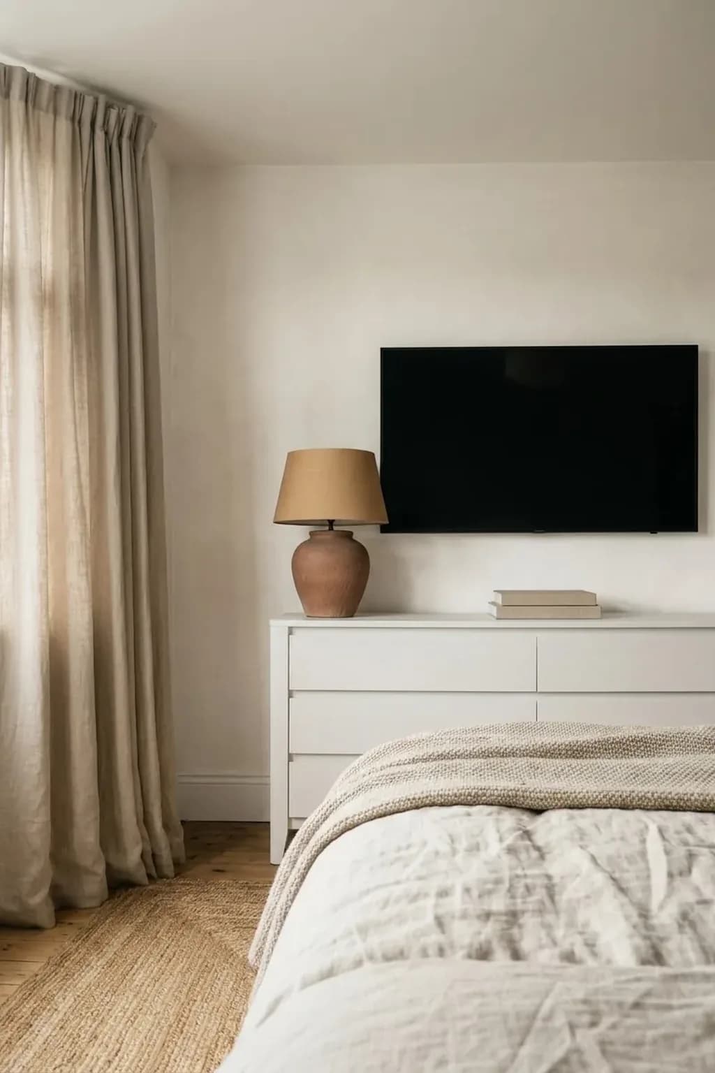 Wall-mounted television switched off with a plain black screen above a wide low white dresser on a warm white wall, a table lamp and a stack of two blank-covered books on the dresser, no visible cables