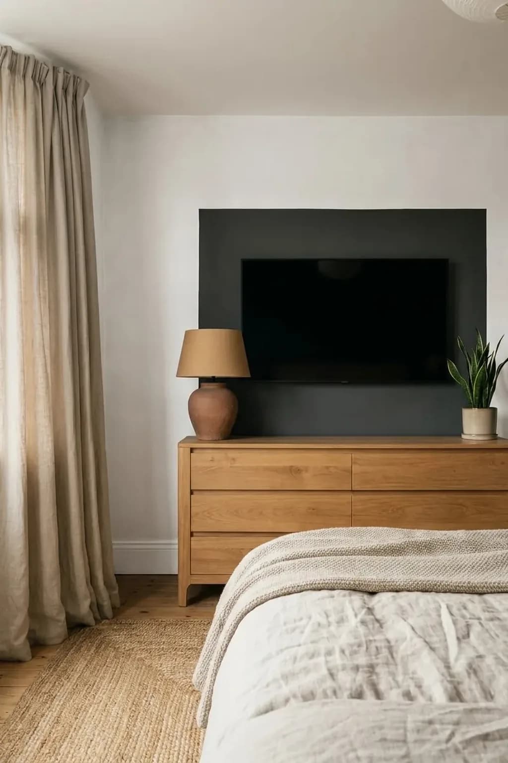 White bedroom wall with a charcoal painted rectangle slightly larger than the wall-mounted television switched off inside it, so the black screen blends into the dark block, a pale wooden chest below with a plant