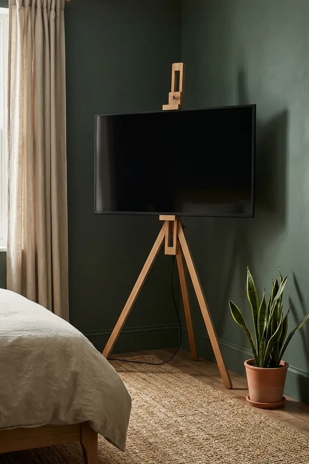 Television switched off on a wooden easel-style tripod floor stand placed across the corner of a small rental bedroom, cable running neatly down the back leg, a plant and a jute rug beside it, no holes in the wall