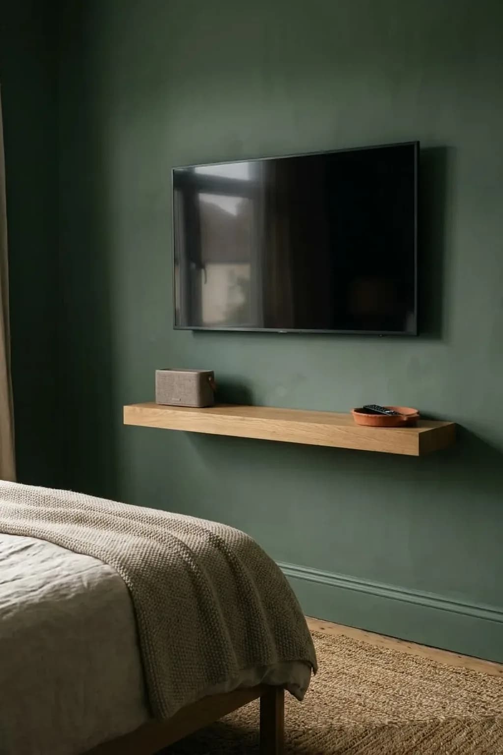 Narrow bedroom with a wall-mounted television switched off above a slim wall-hung oak shelf holding a small speaker and a remote in a dish, clear floor beneath, the edge of a bed close by
