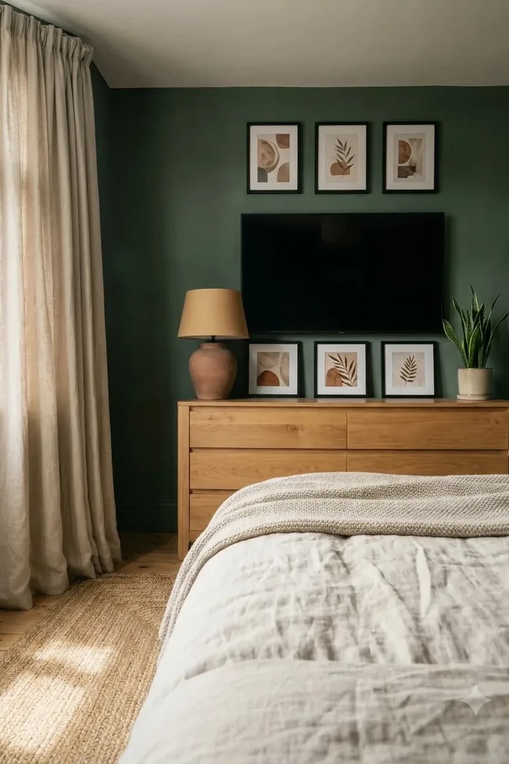 Black-framed botanical prints arranged above and on an oak dresser around a bedroom television