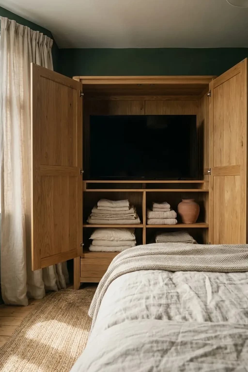 Oak wardrobe opposite a bed with its doors open to show a television switched off on an inner shelf with folded linen stored below, showing a screen that disappears when the doors close