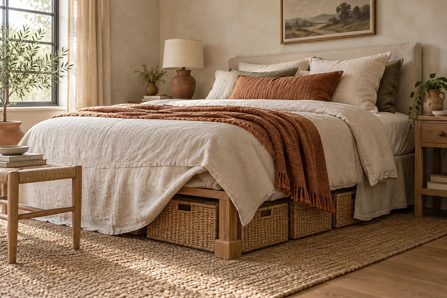 Linen bed skirt tucked back to show woven baskets stored under a raised oak bed
