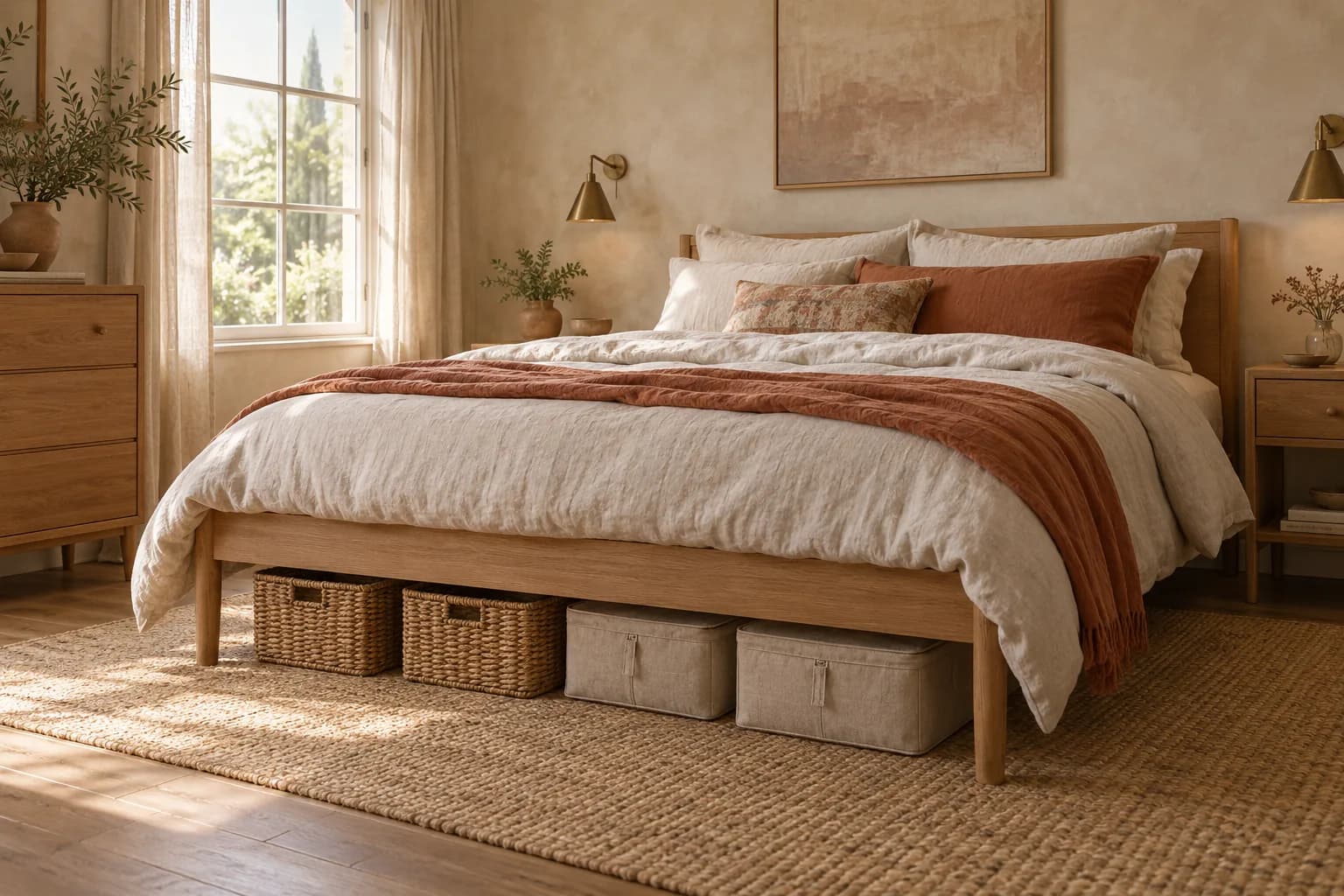 Small bedroom with an oak bed and woven and linen storage boxes slid underneath