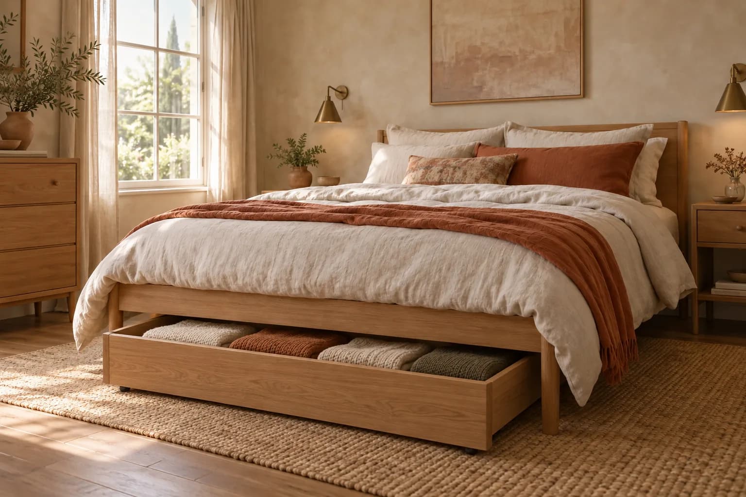 Wooden rolling drawer pulled out from under a bed holding folded sweaters