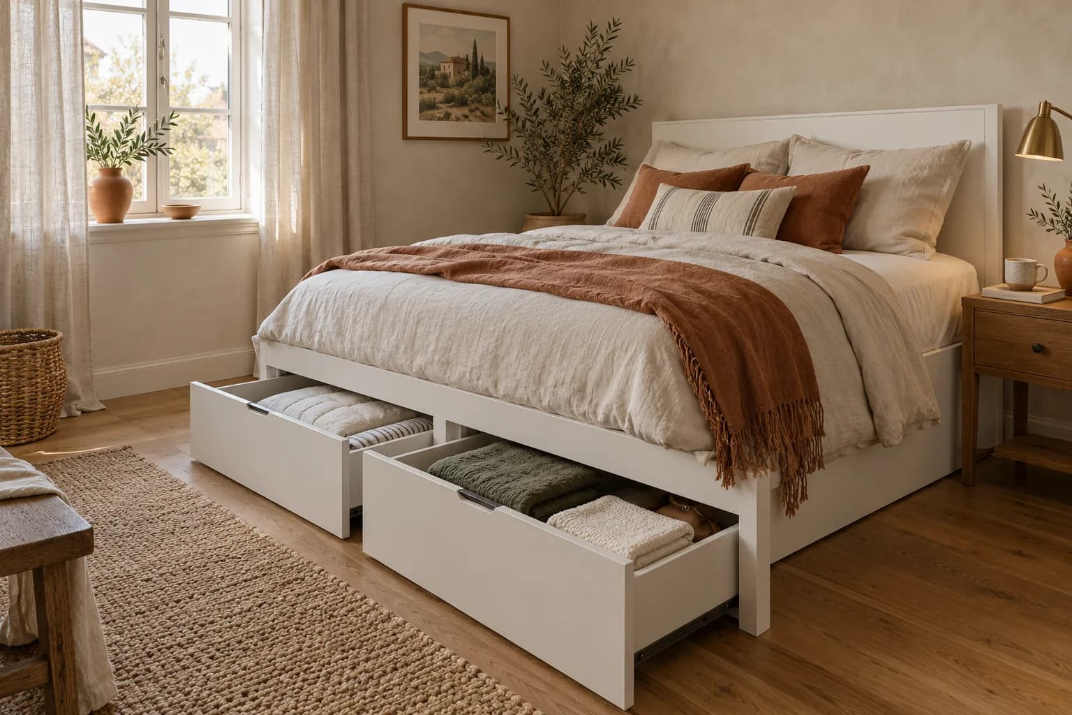 Bed frame with built-in drawers open in a small bedroom