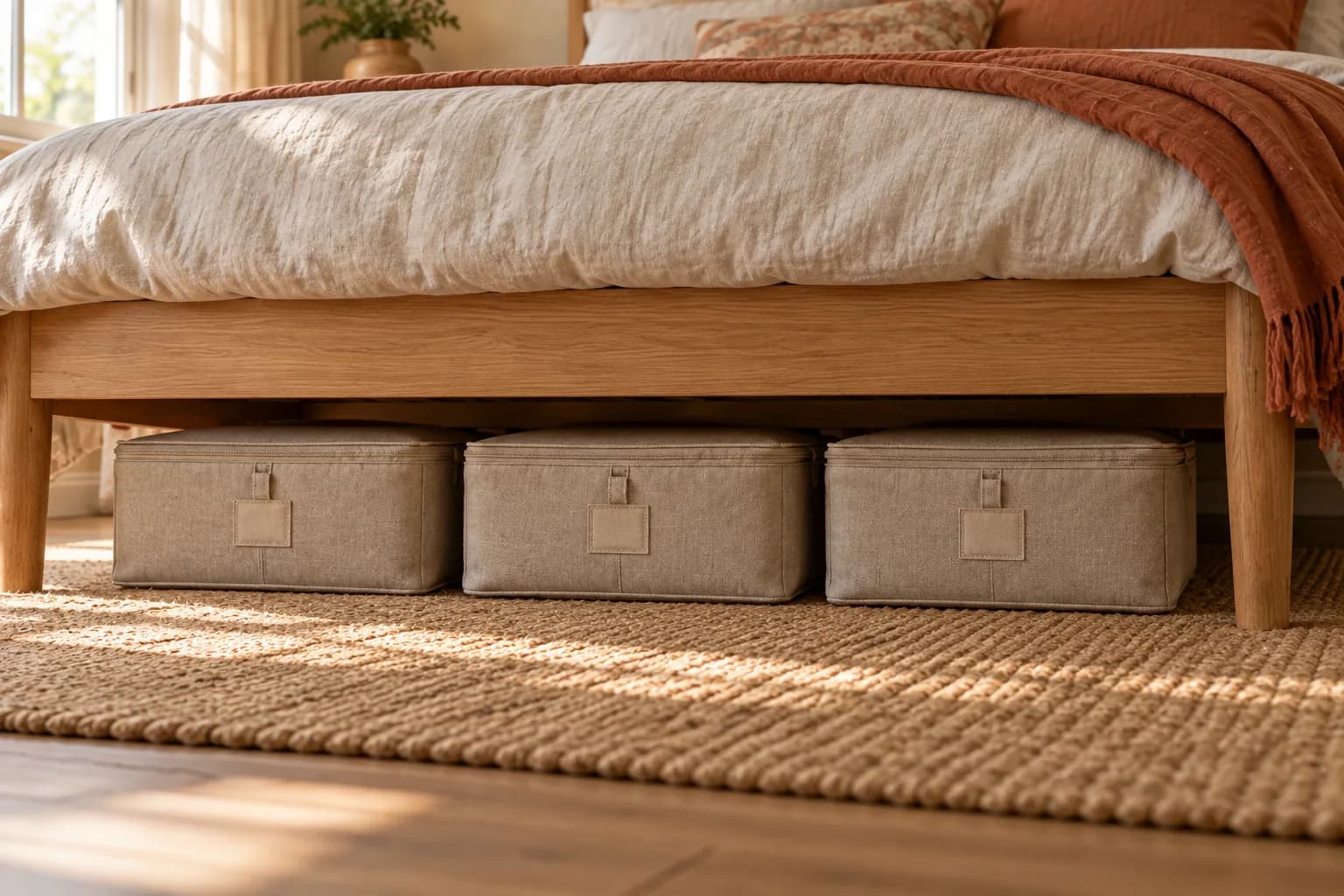 Fabric zip storage cases with labels lined up under a bed