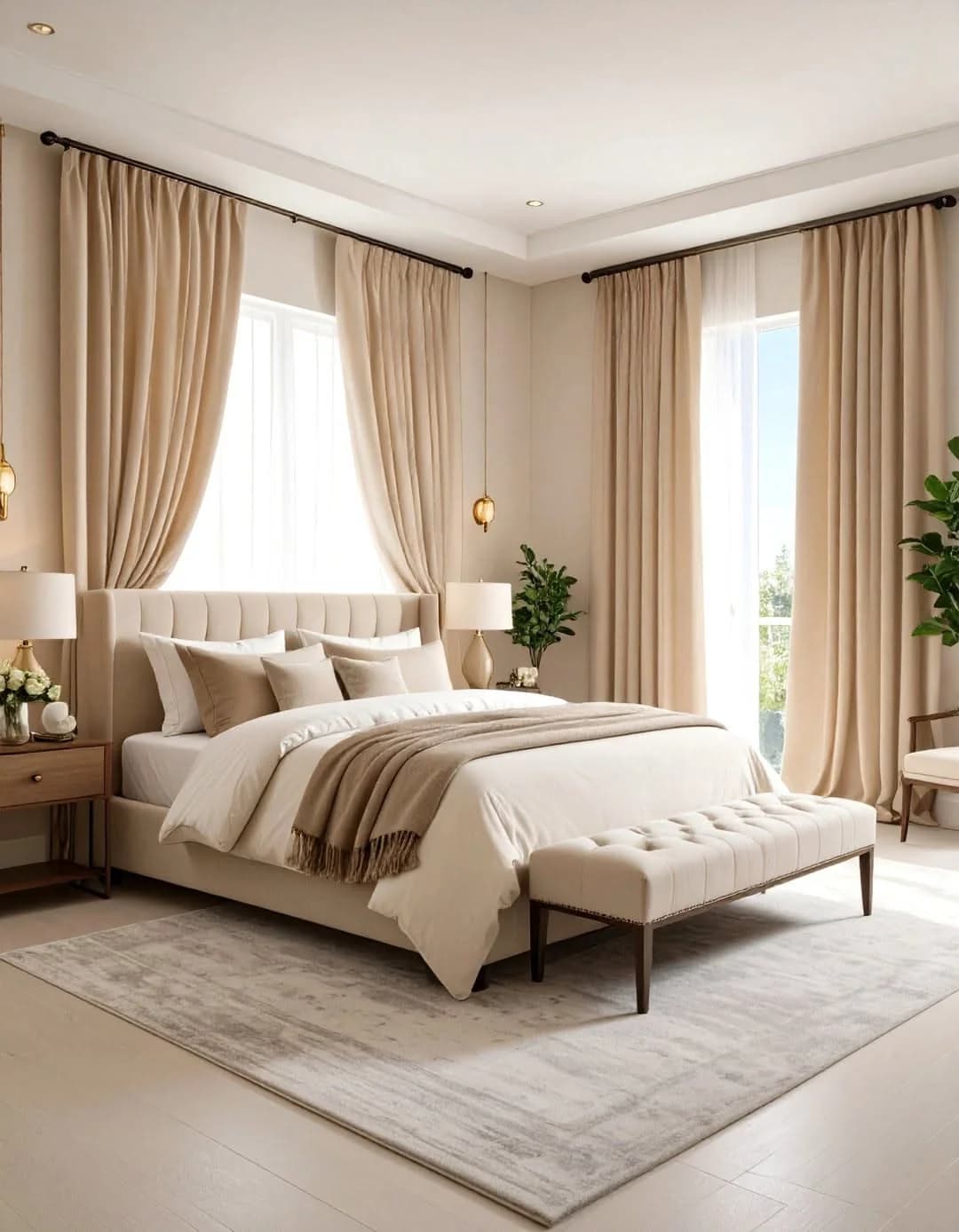 Beige bedroom with full-length light beige curtains on black rods on two windows, an upholstered bed in cream bedding with a camel throw and a tufted bench